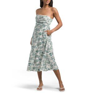 TAHARI Green/white Linen Blend Strapless Pleated Toile Midi Dress